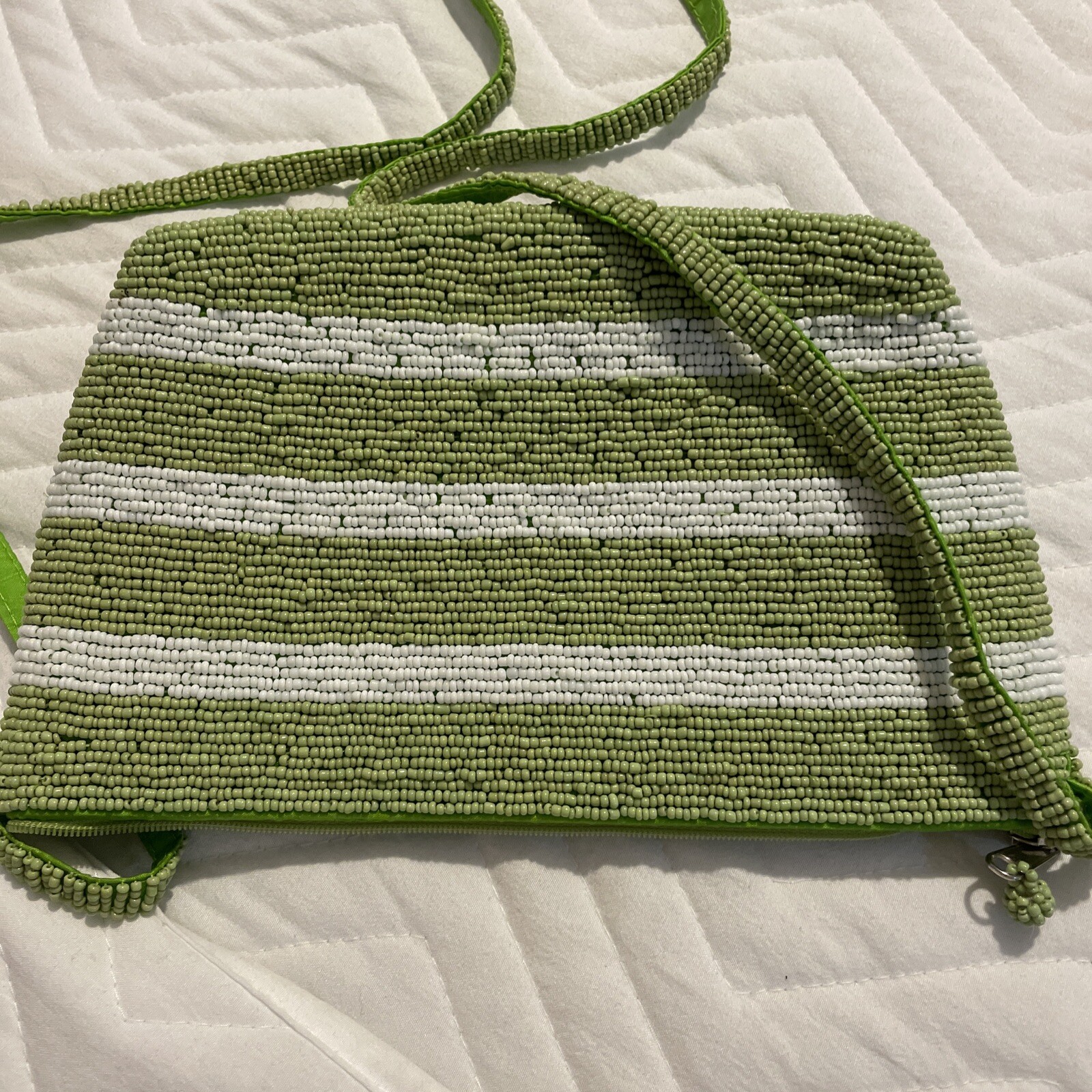 Beaded Strap Purse YKK Lined Green White StripePattern Zip Top eBay
