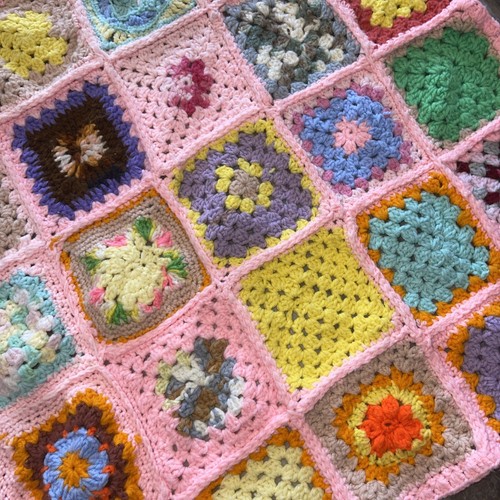 Vintage Granny Square Afghan Pink Multi Color Baby Lap Blanket 47X42 - Picture 7 of 14