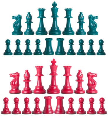Staunton Triple Weighted Chess Pieces   Full Set 34 Aqua & Red - 4 Queens  