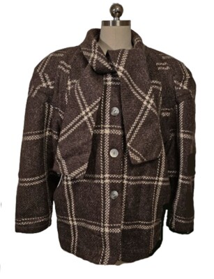 VINTAGE THIERRY MUGLER MADE IN ITALY WOOL PLAID JACKET W SCARF IN COCOA & CREAM