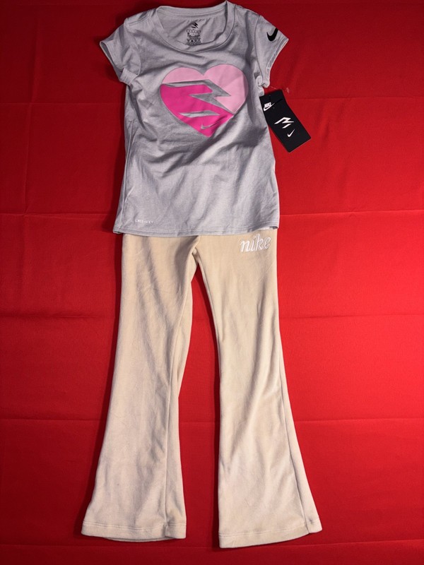 NWT Nike 2-Piece Pants & Shirt, Beige SZ 6-7 velour pants, Gray/Pink SZ S shirt