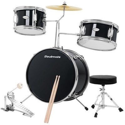 Soulmate Kids Drum Set 3-Piece 14in Kit Black w/ Throne, Pedal, Cymbal & Sticks