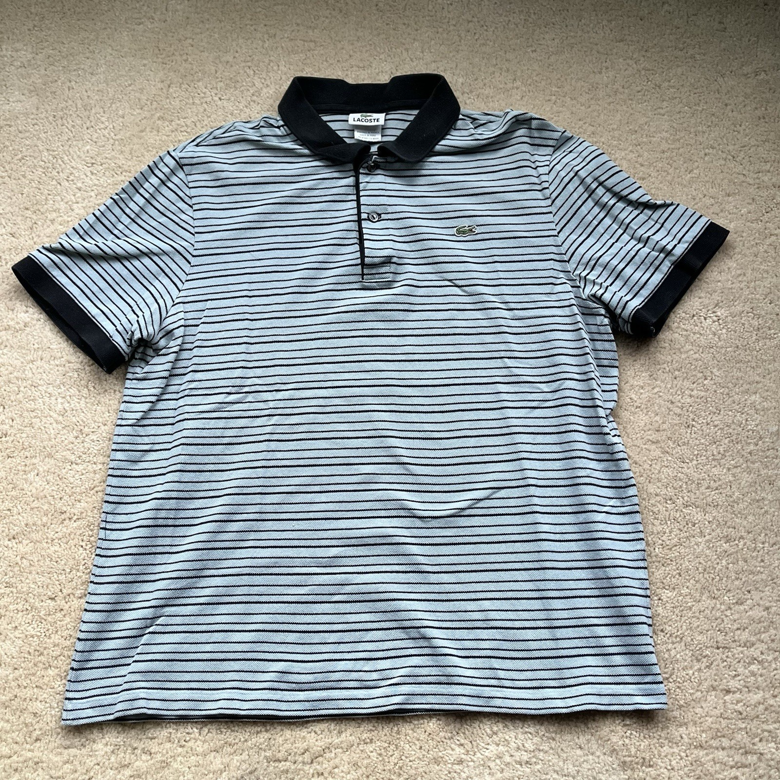 Lacoste Men’s Green Black Striped Pique Polo Shirt - Size 6 (XL) - Cotton - VGUC