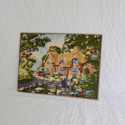 Vintage Hand Embroidered Cottage Garden Scene Tapestry Thatched Roof DMC