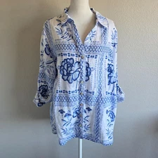 H Halston Floral Linen Top Button Front Roll Tab Sleeve Women Plus 1X Blue White