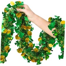 50Ft St Patricks Day Garland Decor,Glitter Tinsel Irish Shamrock Garland