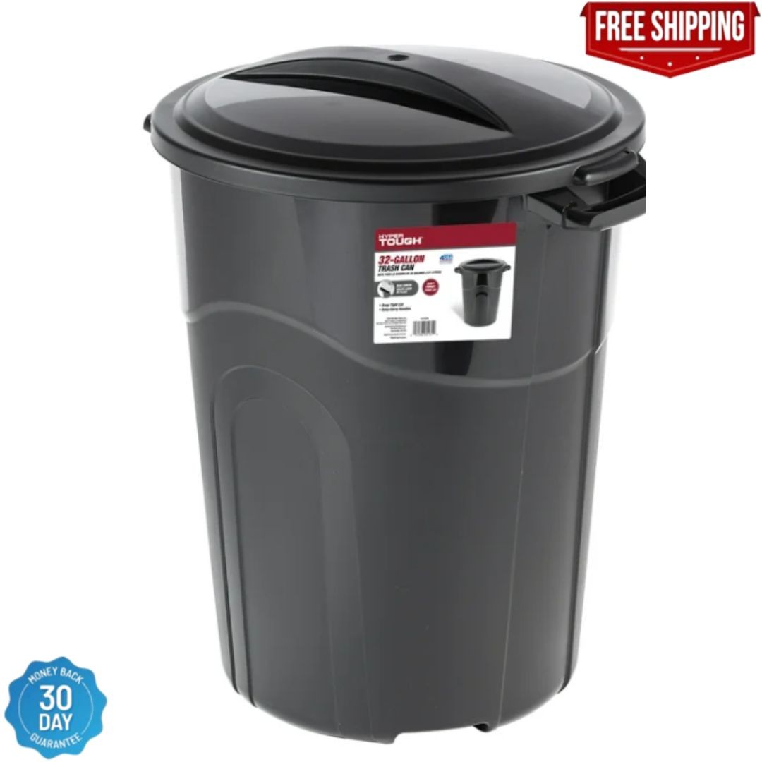 Hyper Tough 32 Gallon Heavy Duty Plastic Garbage Can, Included Lid, Black