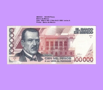 MEXIKO MEXICO 100000 PESOS 1988 Unc. P 94a Serie A 69000#❇️❇️# - Bild 1 von 2
