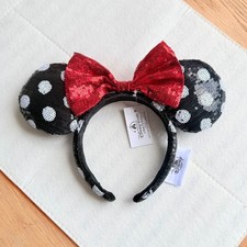 Disney.Parks Polka Dot Red Bow Minnie Mickey Mouse Sequin Black Ears Headband US