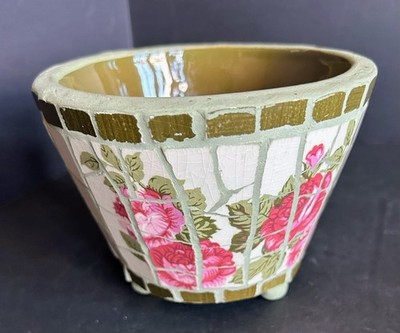 Mosaic Covered Green Pot Rose Flowers Tile Pieces 4  X 5.5  Country Shabby Chic