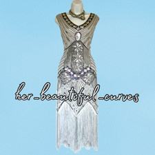 20s GATSBY SEQUINNED BEADED FRINGED FLAPPER PARTY DRESS SIZE XL FITS 16/18