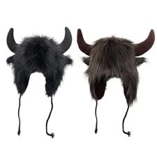 Bison Hat Plush Earflap Hat with Horns Fluffy Ear Headwear for Gift