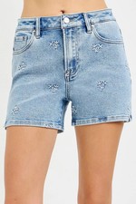 Risen High Rise Denim Shorts with Embroidered Detail
