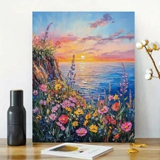Floral Sunset Ocean Framed Canvas Stretched Ready to Hang 50x40 Home decor Gift