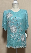  Vintage Royal Feelings Sequin Top Womens turquoise Beaded 80's 100 Silk M