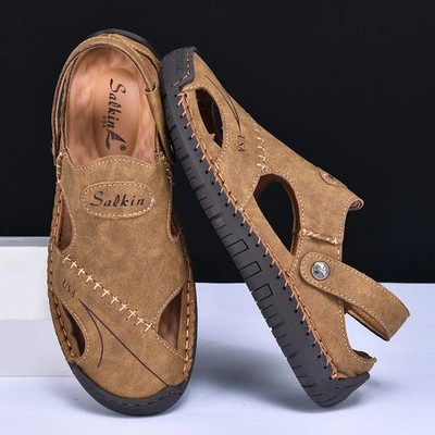 Handmade Summer Sandals Mens Leather Walking Shoes Outdoor Hollow Beach Footwear