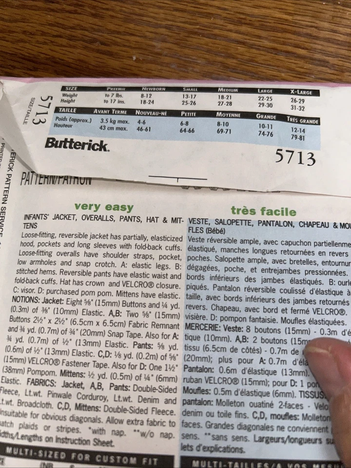 Butterick 5713 Infant Baby Jacket Overalls Pants Hat Mittens Sewing NB, S & M - Image 3 of 3