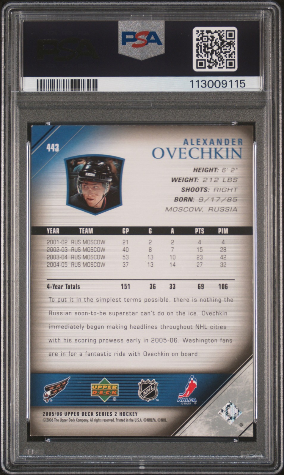 2005 UD #443 ALEXANDER OVECHKIN ROOKIE RC PSA 6 view 2