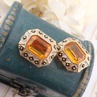 VTg Swarovski Swan Golden Orange Crystal Clear Accent Gold Tone Clip Earrings