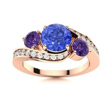 925 Silver Rose Plated 5MM Round Swiss Blue Topaz  Amethyst Three Stone Ring