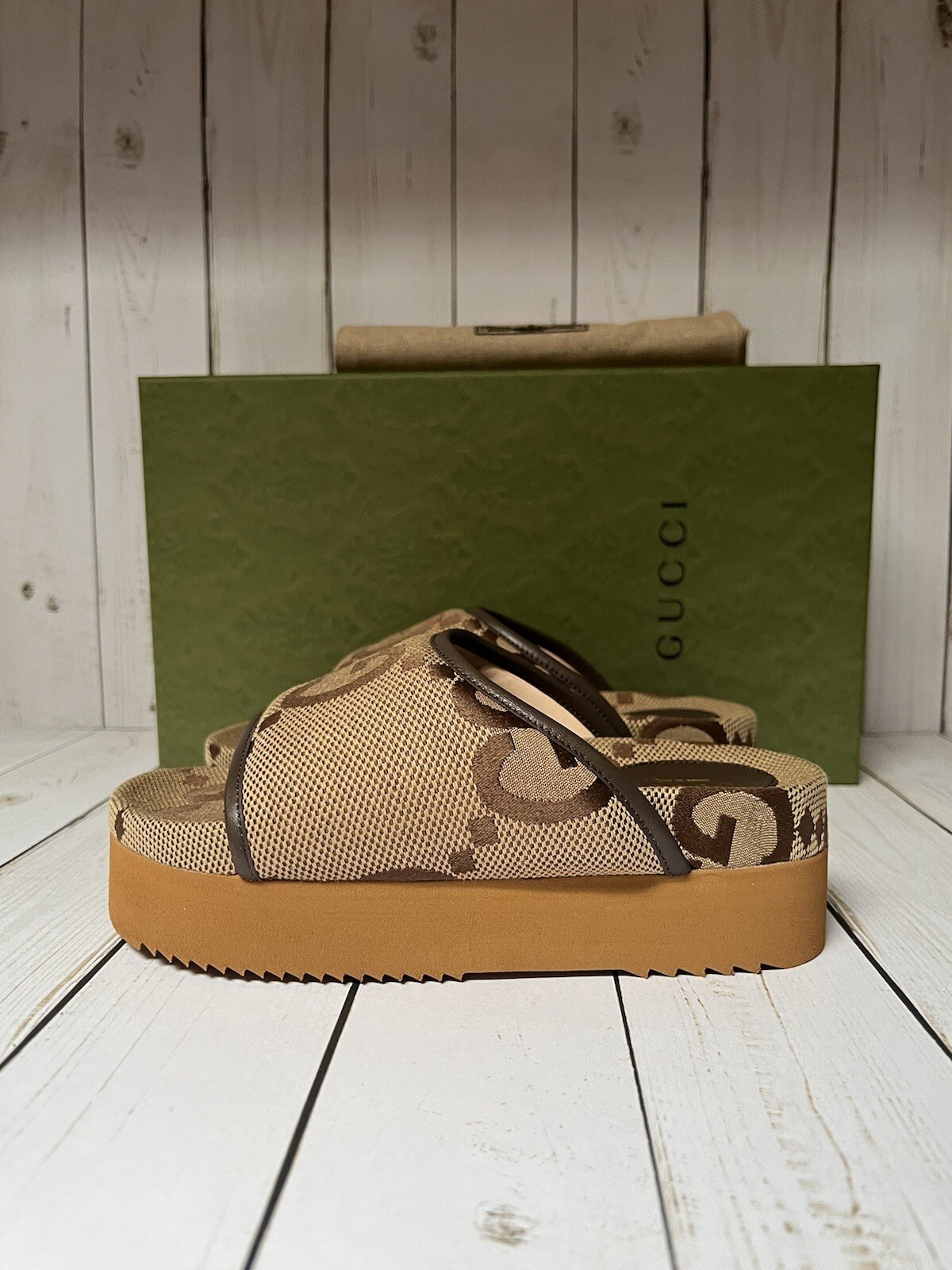 Gucci Jumbo Monogram GG Platform Slide Sandal Camel/Ebony Sz 35 / 5 image 3