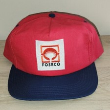 Foseco Brand Red Blue Back Leather Strap Adjustable Trucker Hat Vtg Made in USA