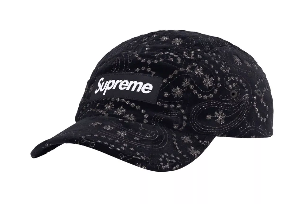 Casquette de camp Supreme Velvet Paisley noire FW23 FLAMBANT NEUVE à la main