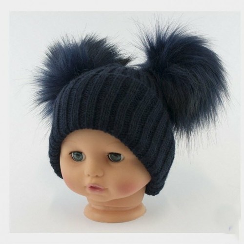 Double Soft Fur Pom Poms Knitted Navy 