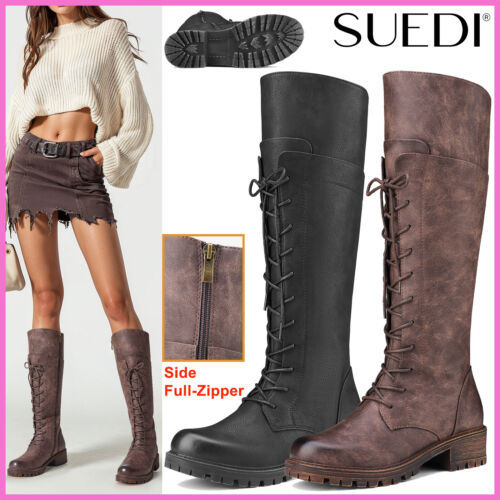 SUEDI Women Knee High Combat Riding Boots Lace Up Side Zip Biker Motorcycle Boot