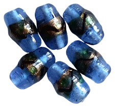 Beads, Glass, Set of 6, Blue - 17 mm, Gold Sand Lamp Work, 2.5 mm Beading Hole