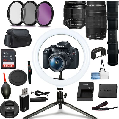 Canon Rebel T7/EOS 2000D DSLR Camera with 18-55,75-300 & 420-800mm Lenses + More