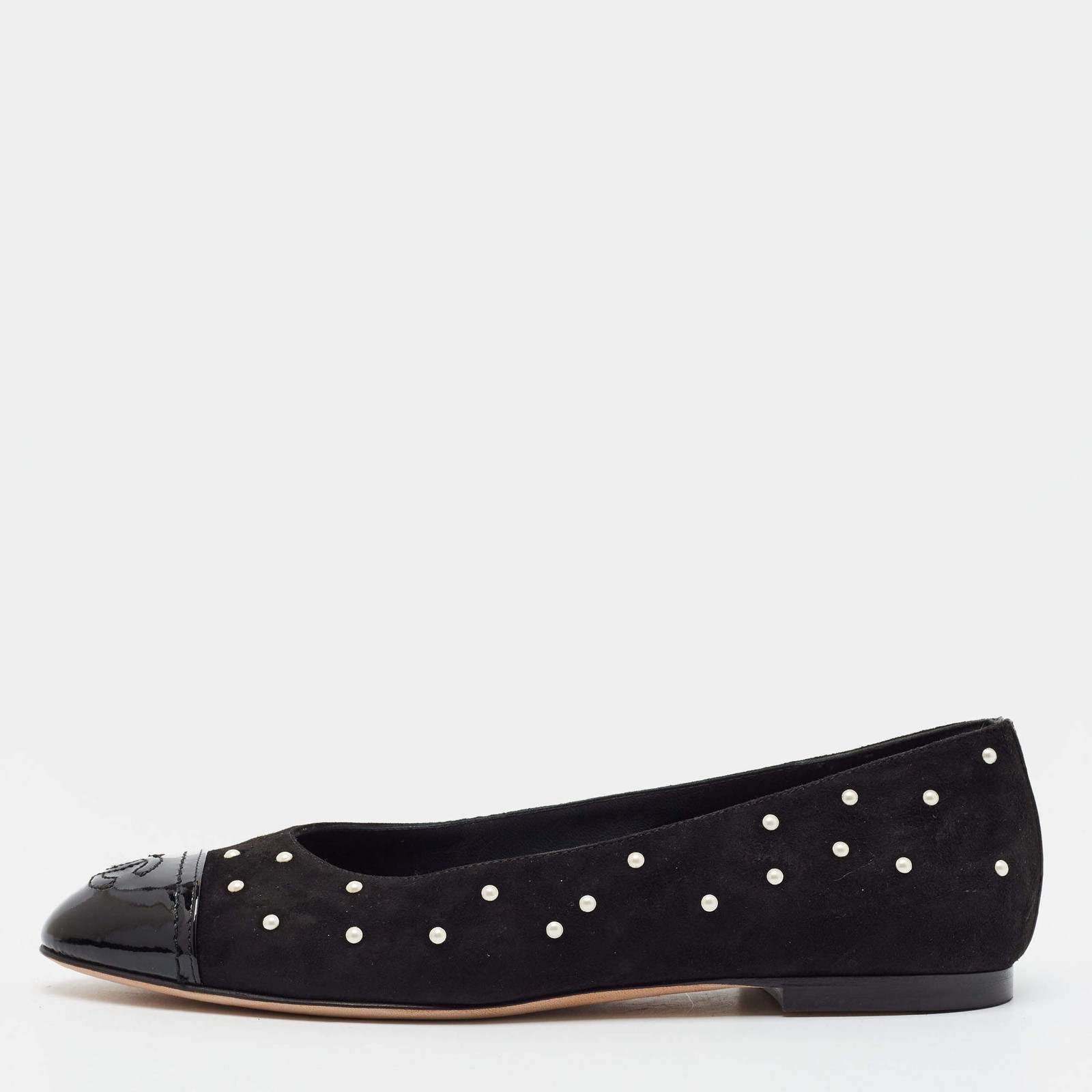 Chanel CC Size 36 Black Patent Leather and Suede Faux Pearl Studded Cap Toe