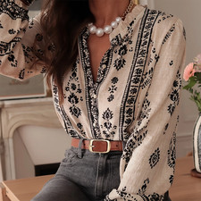 Women's Elegant Printed Blouse - Flowy Boho Shirt With Lantern Sleeves Lace Tr