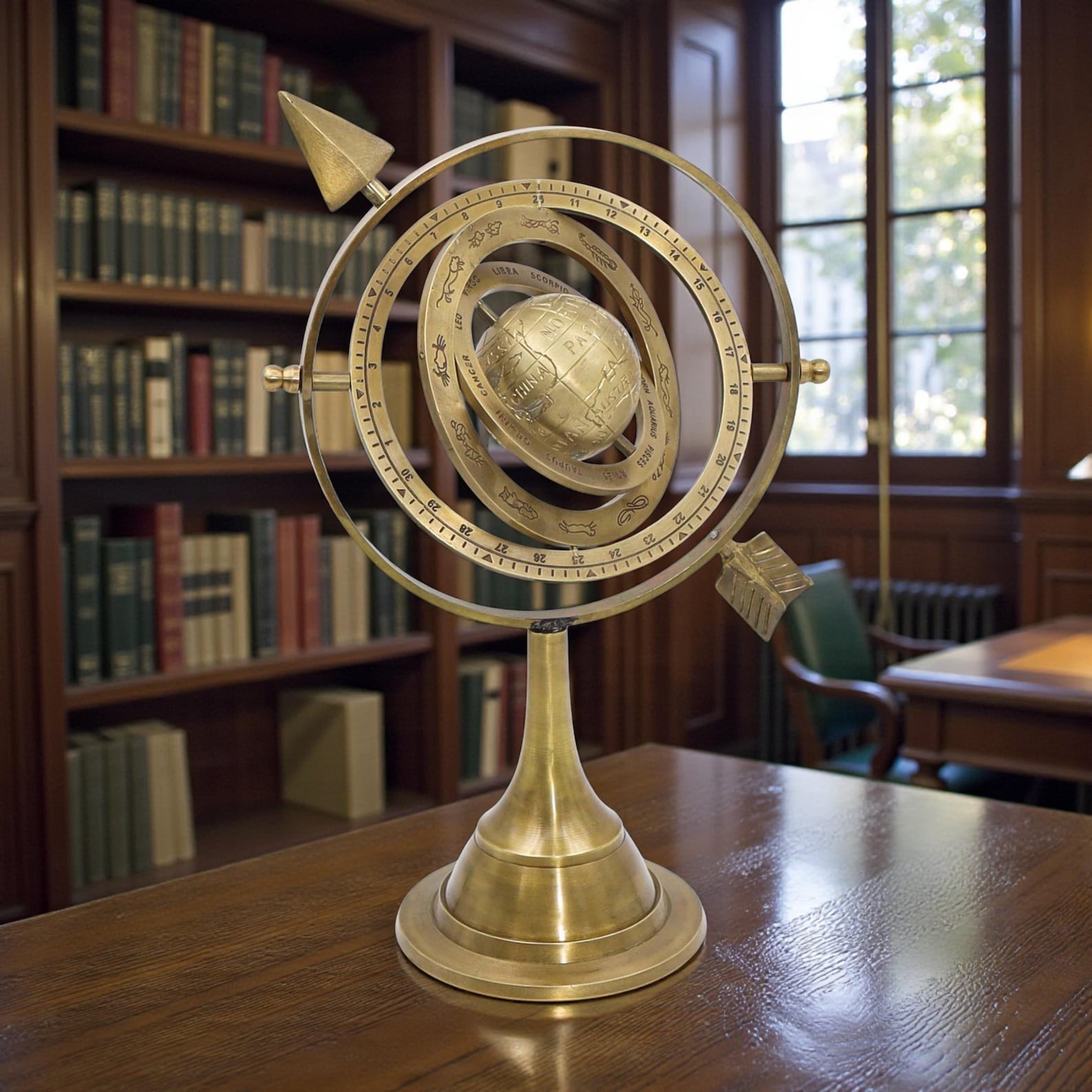 Engraved Antique 10" Brass Armillary Nautical Sphere, With Arrow Globe Handcraft