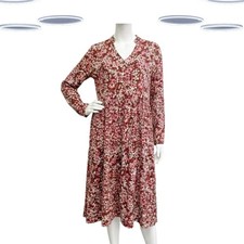 Ex Fat Face Women's Maxi Dress Red Floral V-Neck Long Sleeve Cotton Tiered