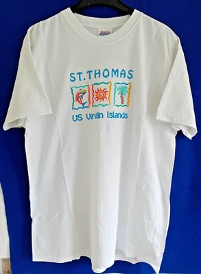 Embroidered St. Thomas US Virgin Isles Cotton T-shirt Top Size L . Unique Design - Image 1 of 4
