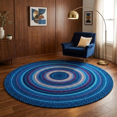 Handwoven Chindi Cotton Round Rug, Multicolor Braided Boho Home Rug