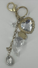 Faux Crystal Charm Keychain Faceted heart Tear Drop Sparkle Gold Tone