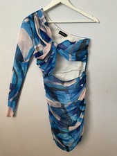 Ladies PLT one shoulder bodycon mini dress blue cut out body ruched size 8 