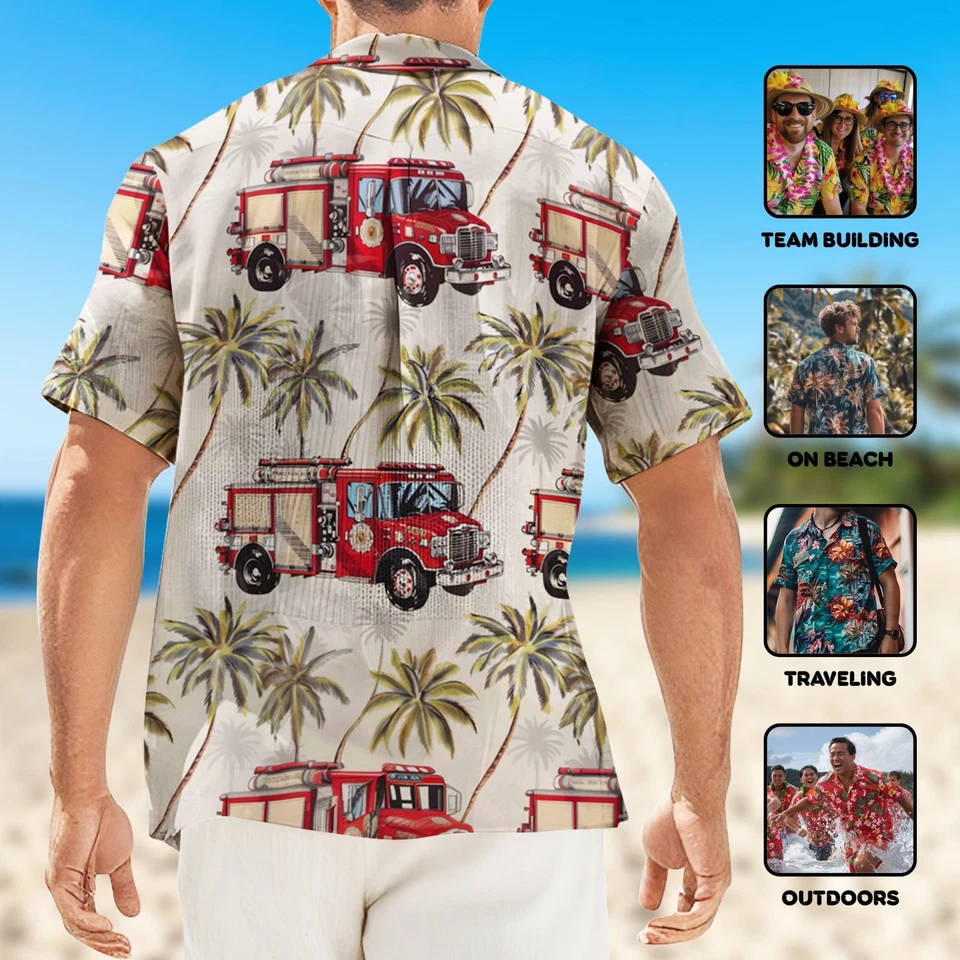 Camisa Hawaiana Bombero, Camisa Aloha Verano Bomberos, Camisa Camión de Bomberos 3d, Foto 2 de 4