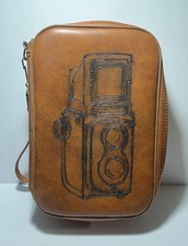 Vintage Leather Bag w/ TLR Camera Illustration Woodburned - Rollei, Yashica, Arg