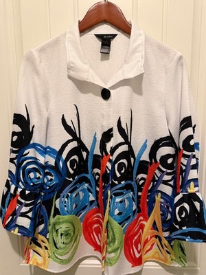 ALI MILES Womens Small White/Multicolor Abstract Swing Button Front Jacket