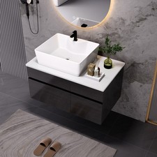 Modern Small Floating Single Bathroom Vanity with Ceramic Sink  Drawer,Black