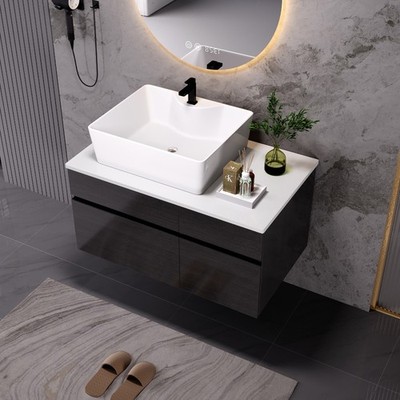 Modern Small Floating Single Bathroom Vanity with Ceramic Sink & Drawer,Black