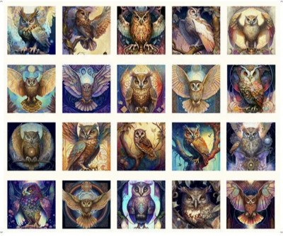 Owl Fabric Mystic Owls Night Birds Scenes Ecru Cotton QT 35''X44'' Panel