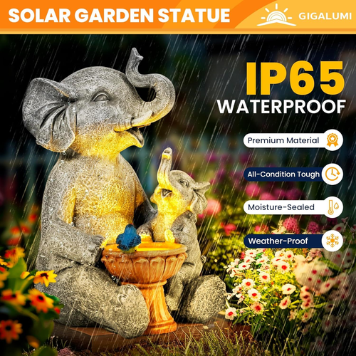 Solar Garden Decor Bird Bath Elephant Statues Outdoor, Birthday Gifts for Women, - Picture 7 of 9