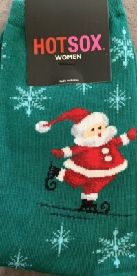 Hot Sox Women 9-11 Green Skating Santa Christmas Snowflakes Snow Ice Winter