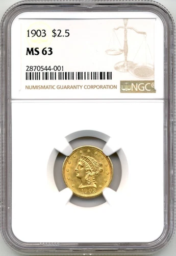 1903 US Coronet Head Quarter Eagle $2.50 Gold Coin - NGC MS63