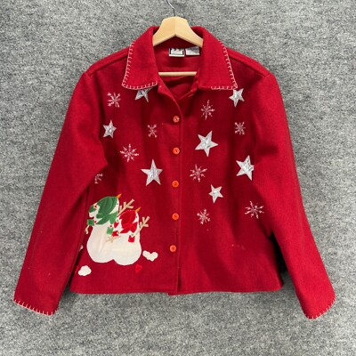 Take Two Jacket Women M Red Star Button Up Collared Long Sleeve Wool