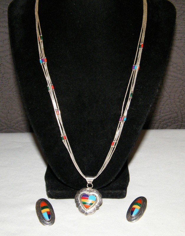 Vtg Navajo TOM LEWIS STERLING SILVER INLAYED STONE JEWELRY SET Native American